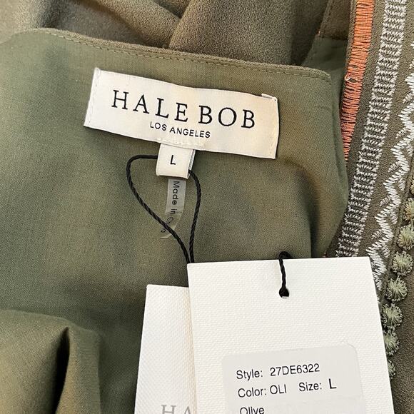 Hale Bob Josephine Embroidered Tiered Maxi Long Dress Size L Olive Green Boho - Picture 10 of 12